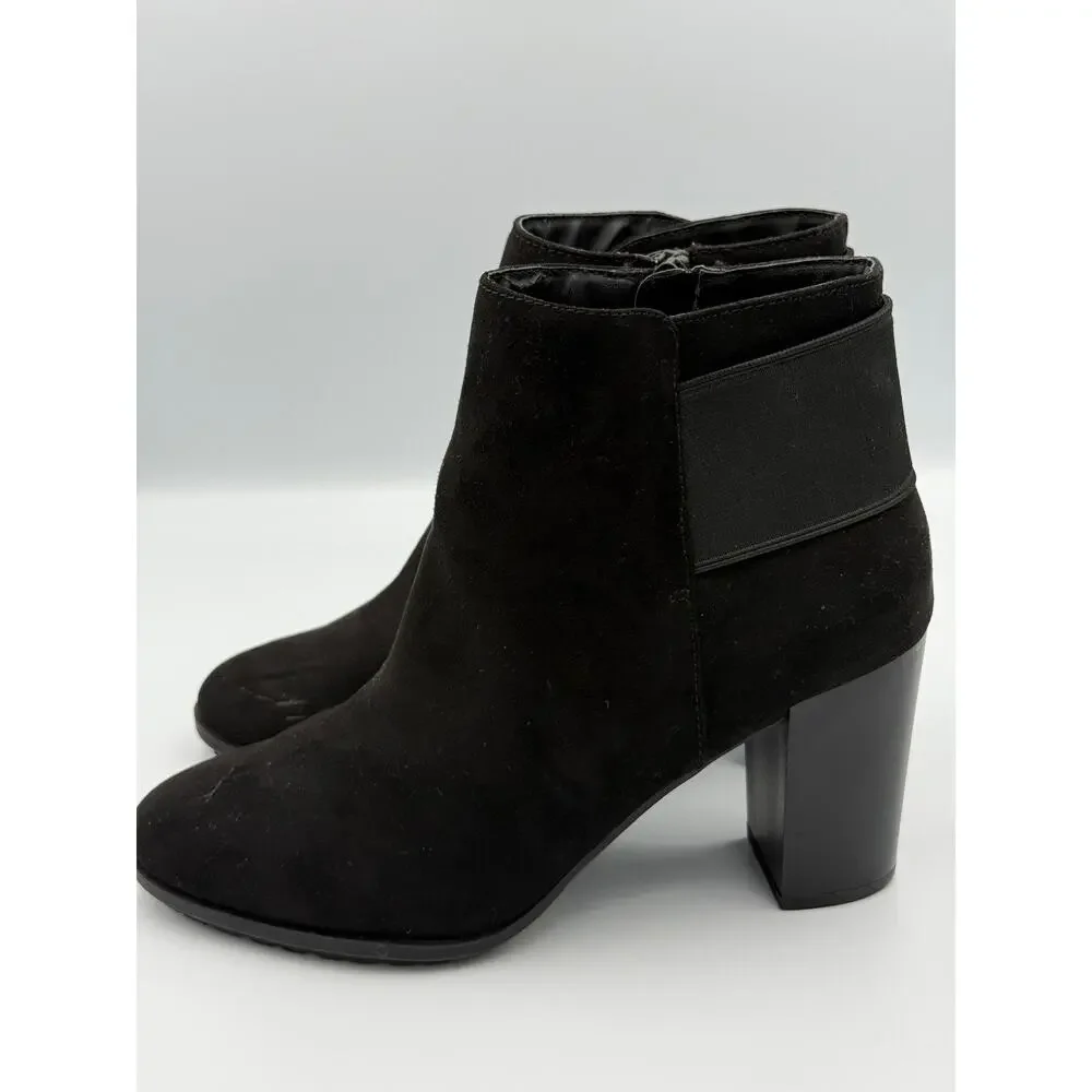 A New Day Black Faux Suede Ankle Booties Womens Size 8 Block Heel Side Zip Boots